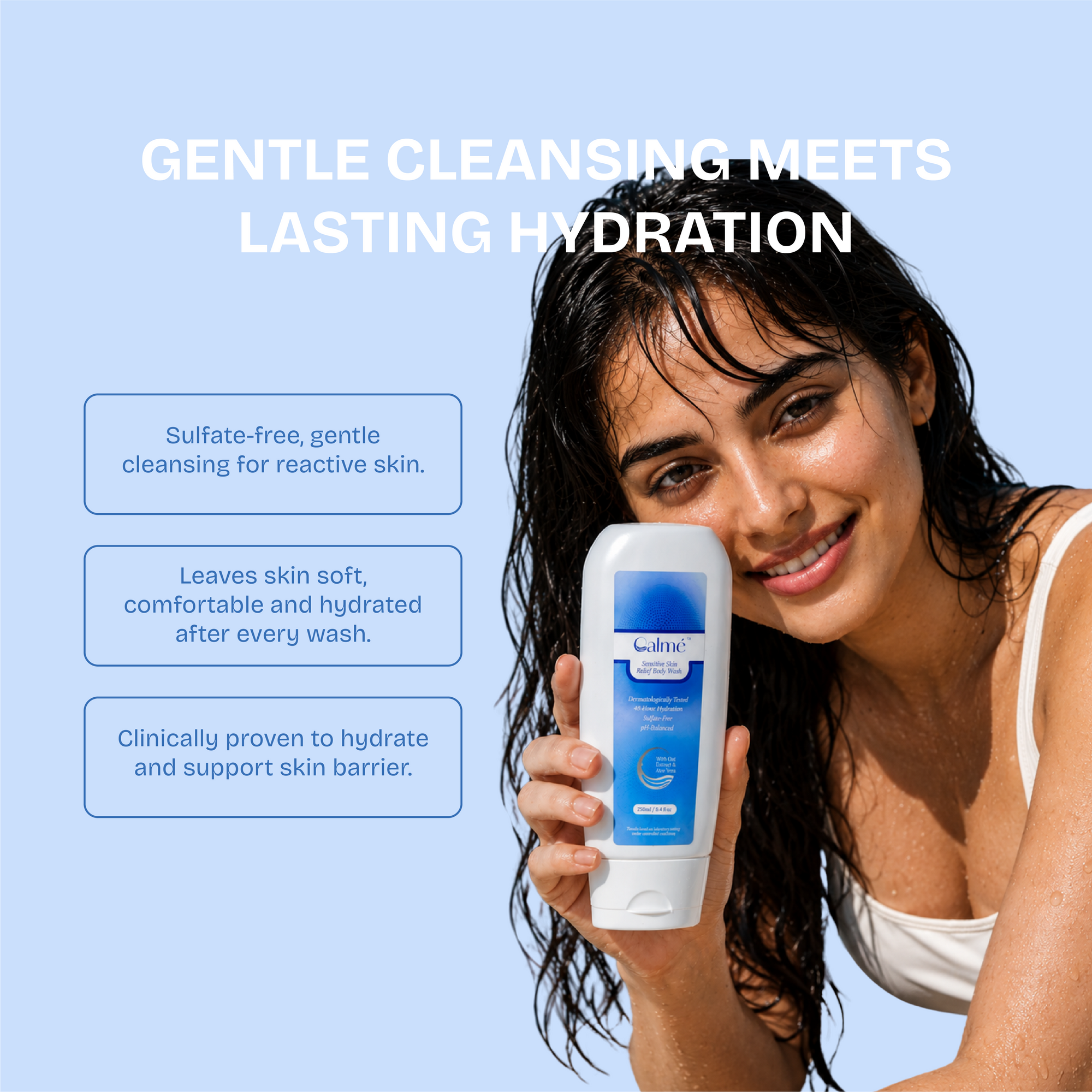 Woman holding a bottle of skincare product with text about gentle cleansing and lasting hydration on a light blue background.