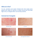 Product description for skin care solution targeting sensitive, dry, acne-prone, and damaged skin barrier skin types.
