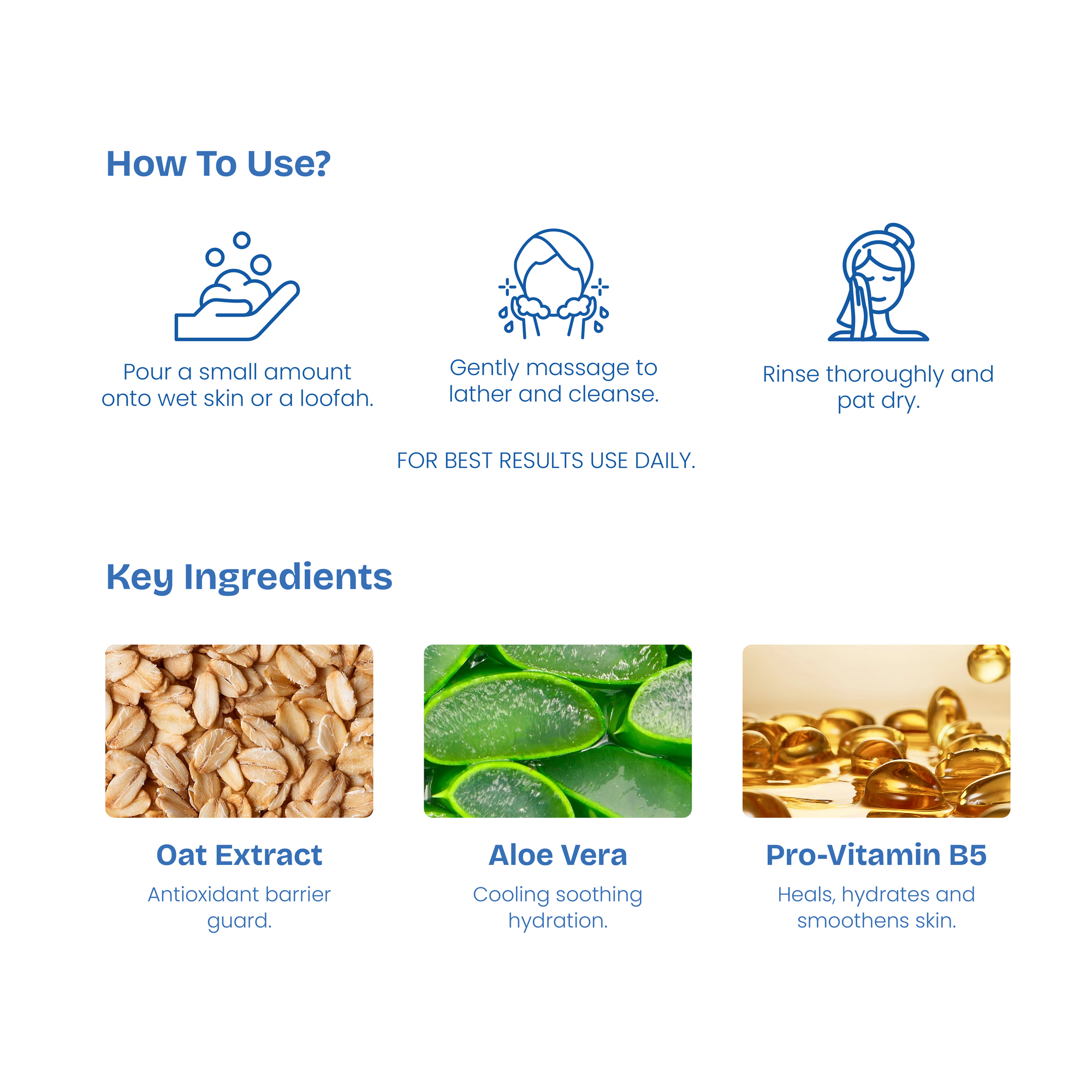 Instructions on how to use a product with icons and text, and key ingredients displayed below.