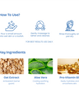 Instructions on how to use a product with icons and text, and key ingredients displayed below.