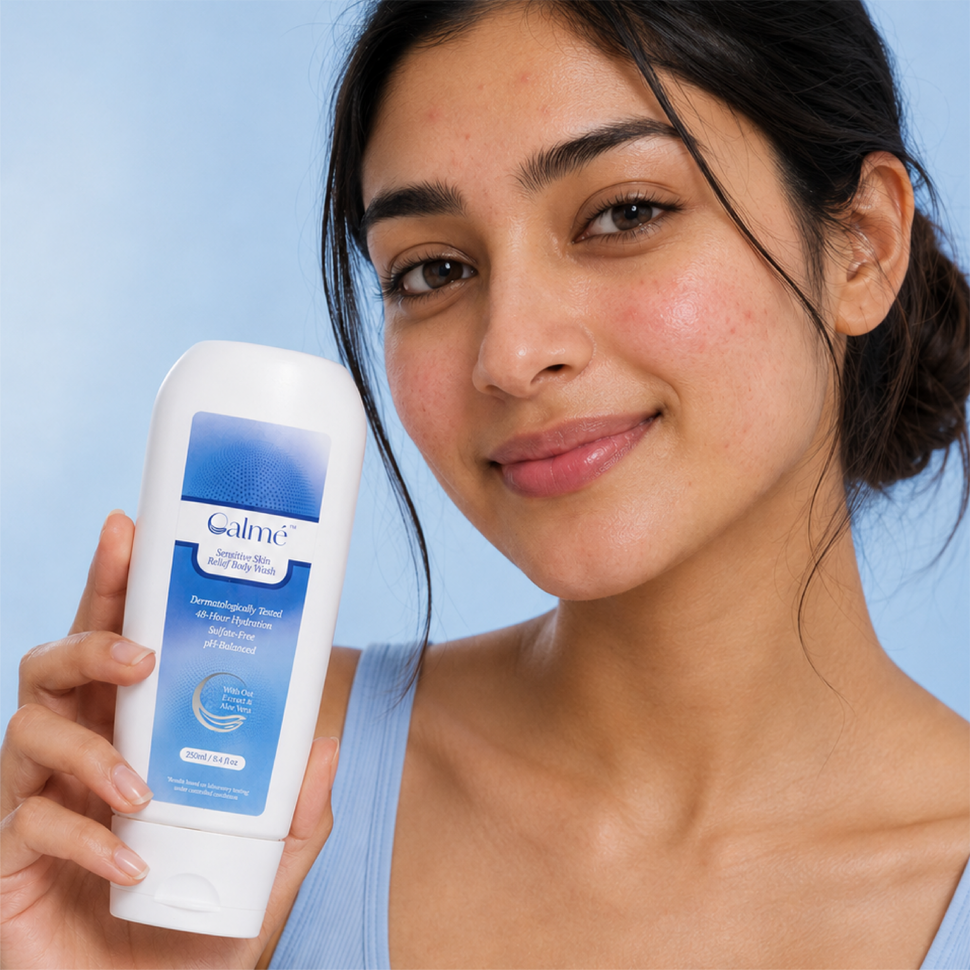Woman holding a Calme lotion bottle against a blue background