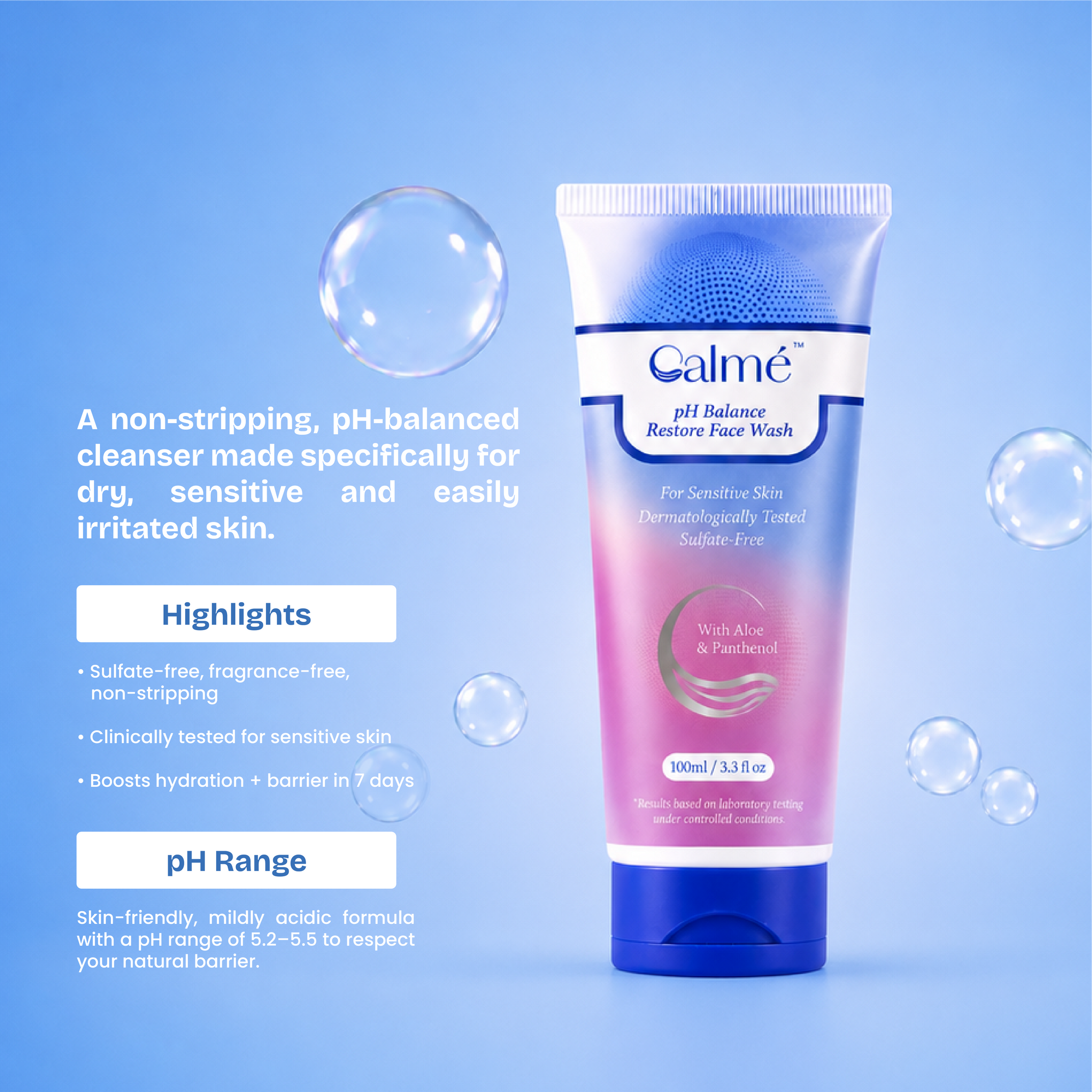 Calming balm jar with blue lid on a blue background, featuring product description text.