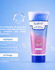 Calming balm jar with blue lid on a blue background, featuring product description text.