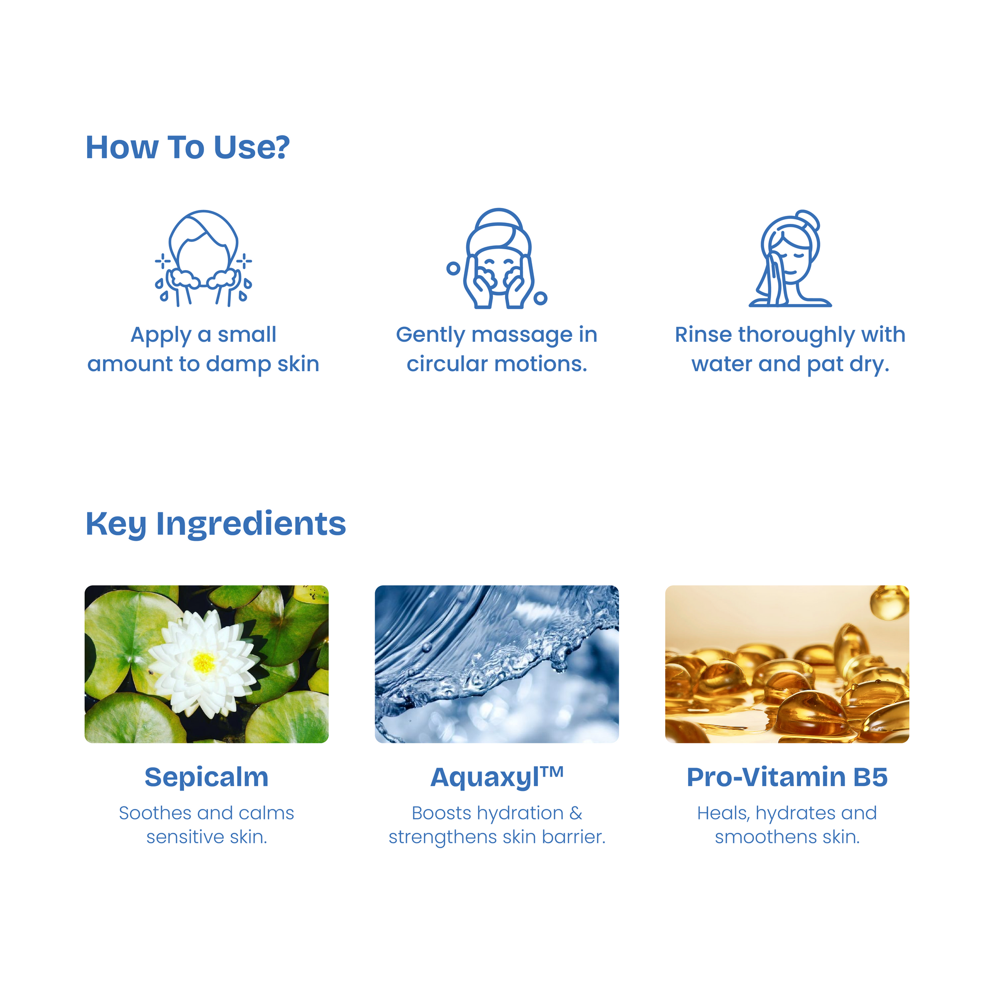 Instructions on how to use a skincare product with key ingredients displayed.