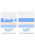 Calming balm jar with blue lid on a blue background, featuring product description text.