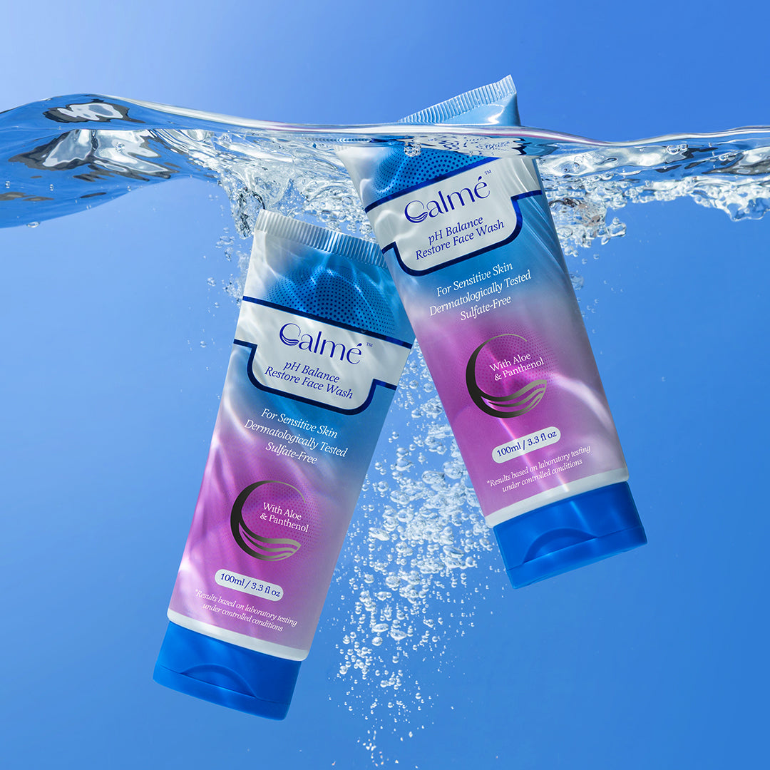 Calme pH Balance Restore Face Wash tubes for sensitive skin, sulfate-free with aloe and panthenol