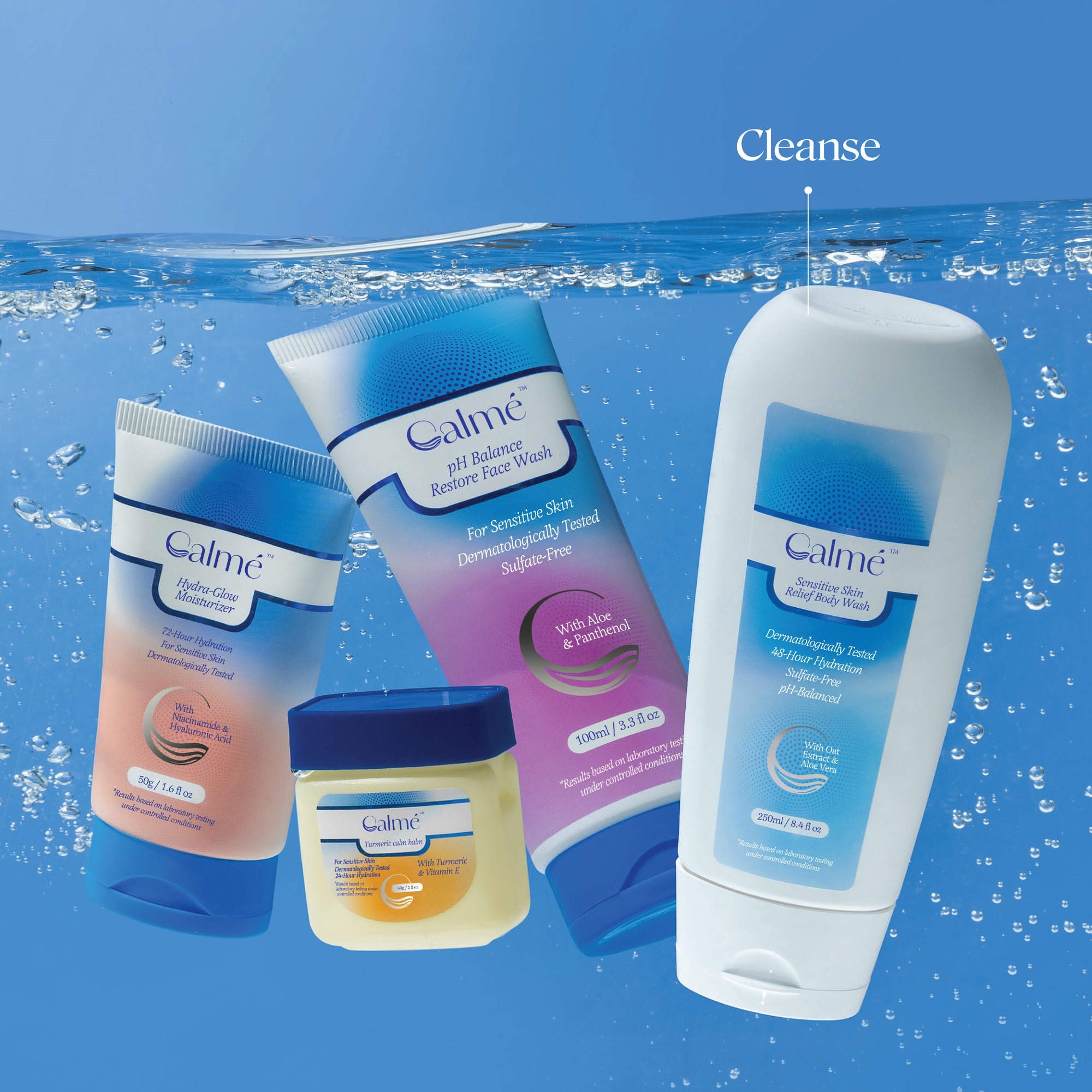 Calmé sensitive skin range in blue water: Hydra-Glow Moisturizer, pH Balance Restore Face Wash, Turmeric Calm Balm and Sensitive Skin Relief Body Wash